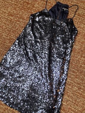 Express blue sequin shift mini dress high neck keyhole back formal dress small